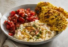 Chefs Create Spicy Tomato Salad with Warm Musabaha and Turmeric Flatbreads